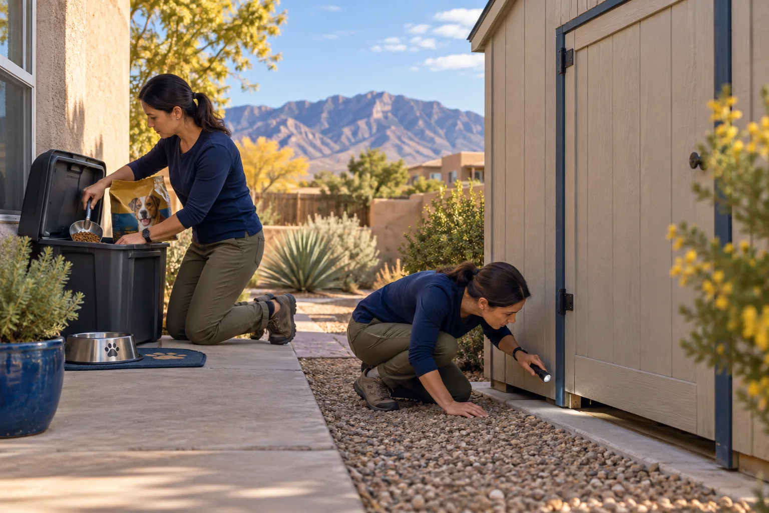 AI-generated illustration of a homeowner securing pet food beside a shed and inspecting a low storage-door gap
