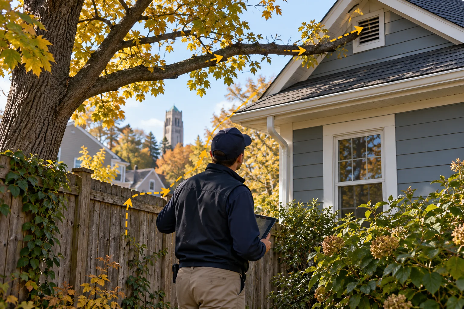AI-generated illustration of a technician tracing a fence and tree-branch route toward an attic vent