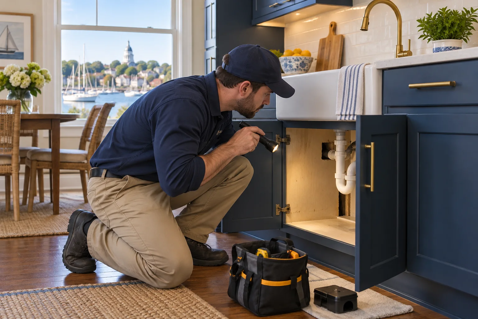 AI-generated illustration of a technician inspecting kitchen cabinet pipe gaps before protected trap placement
