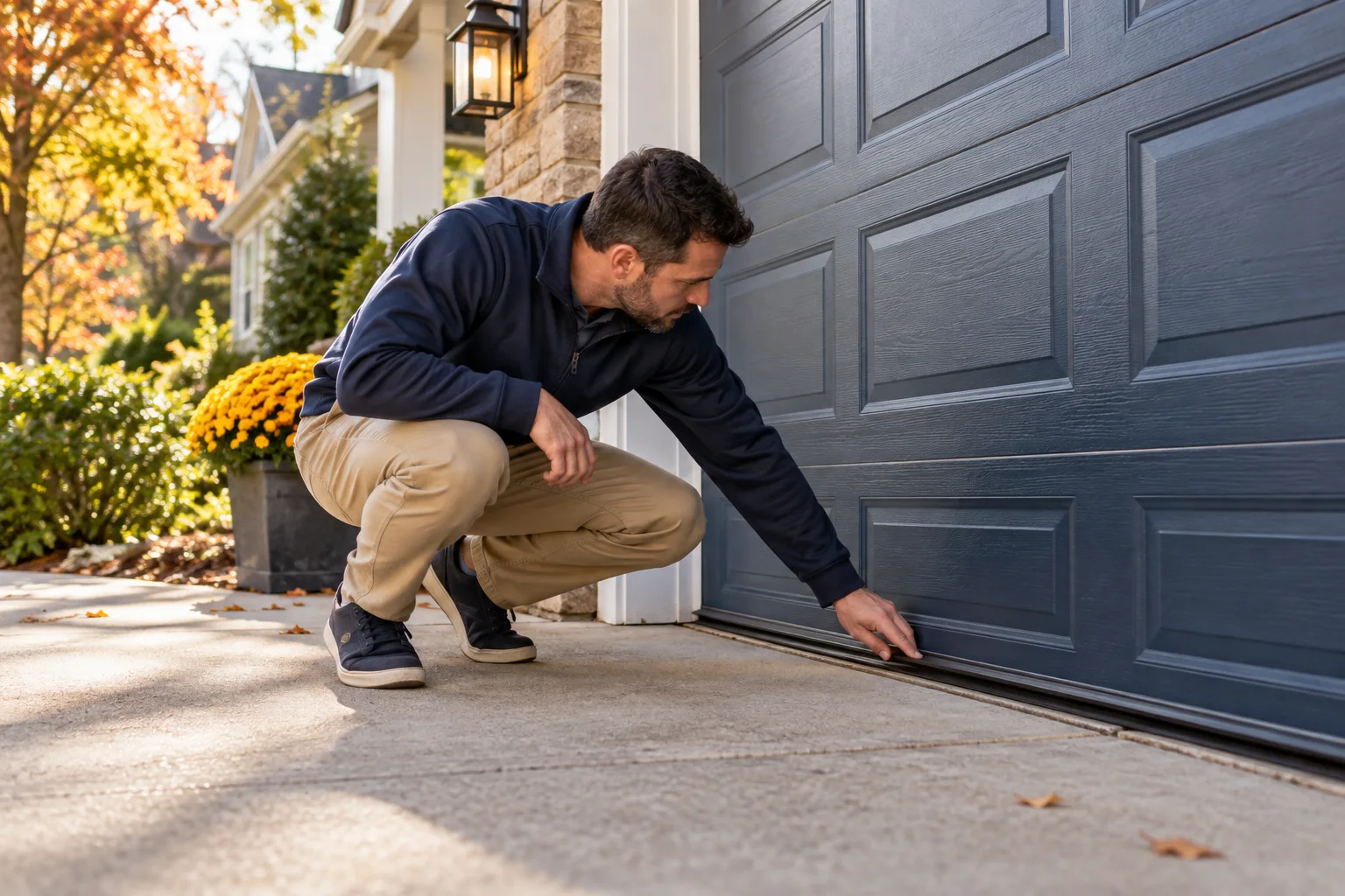 Illustration of a calm exterior inspection of a garage door weather seal