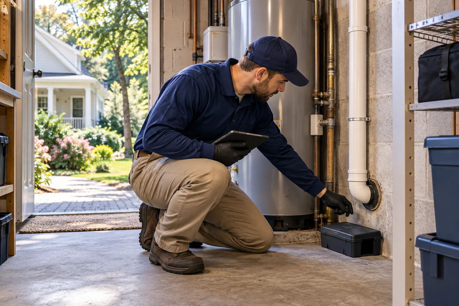 AI-generated illustration of a technician examining a utility-room pipe entry and protected monitoring area
