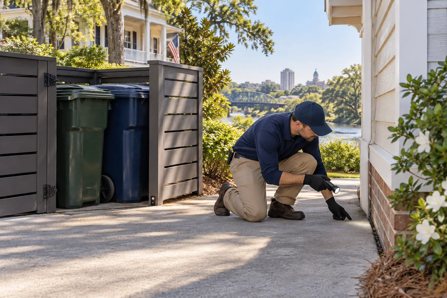AI-generated illustration of a technician checking a bin enclosure and driveway-side wall gap