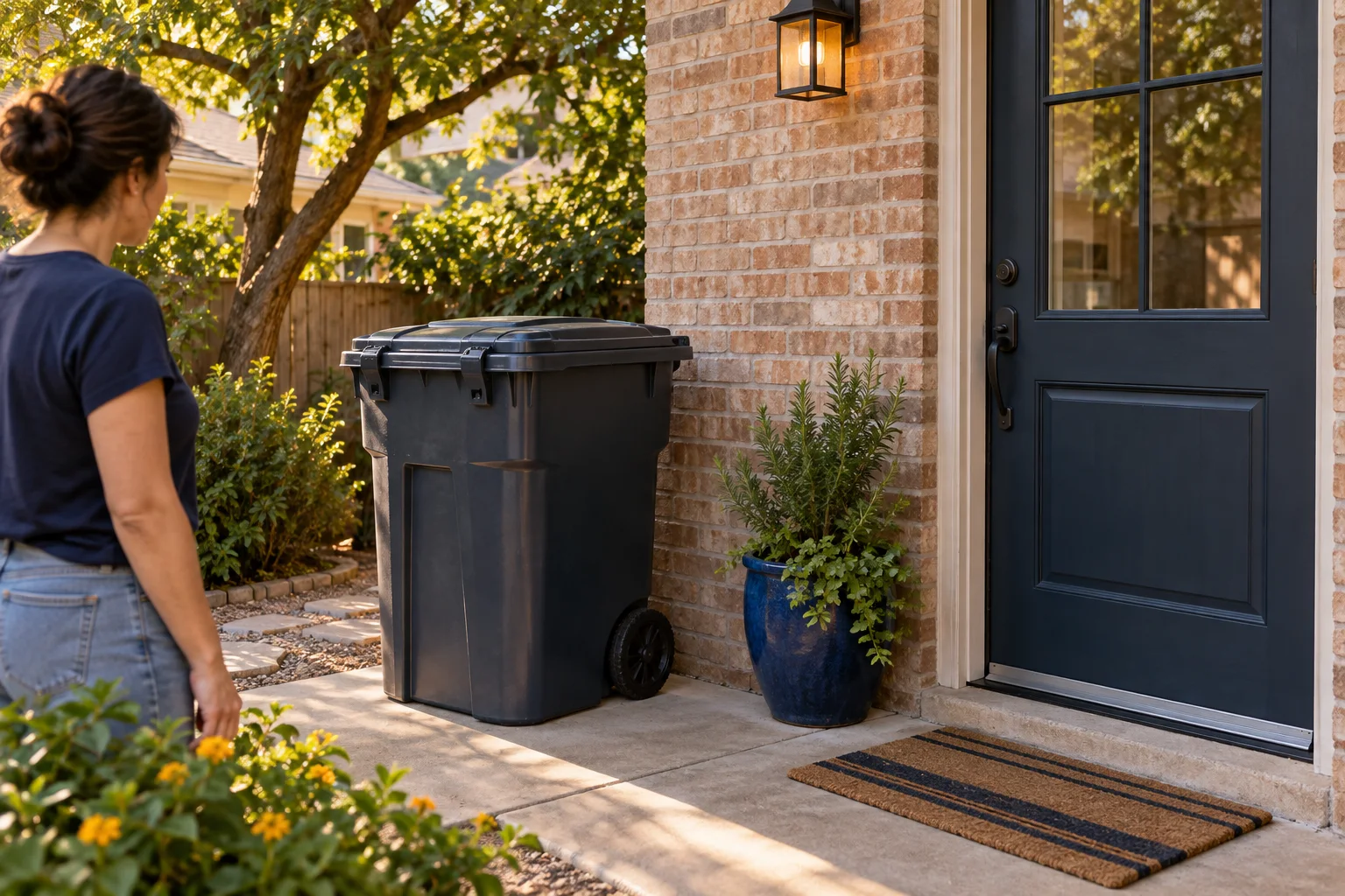 Illustration of a secured refuse bin beside a brick residential back door and an intact door sweep