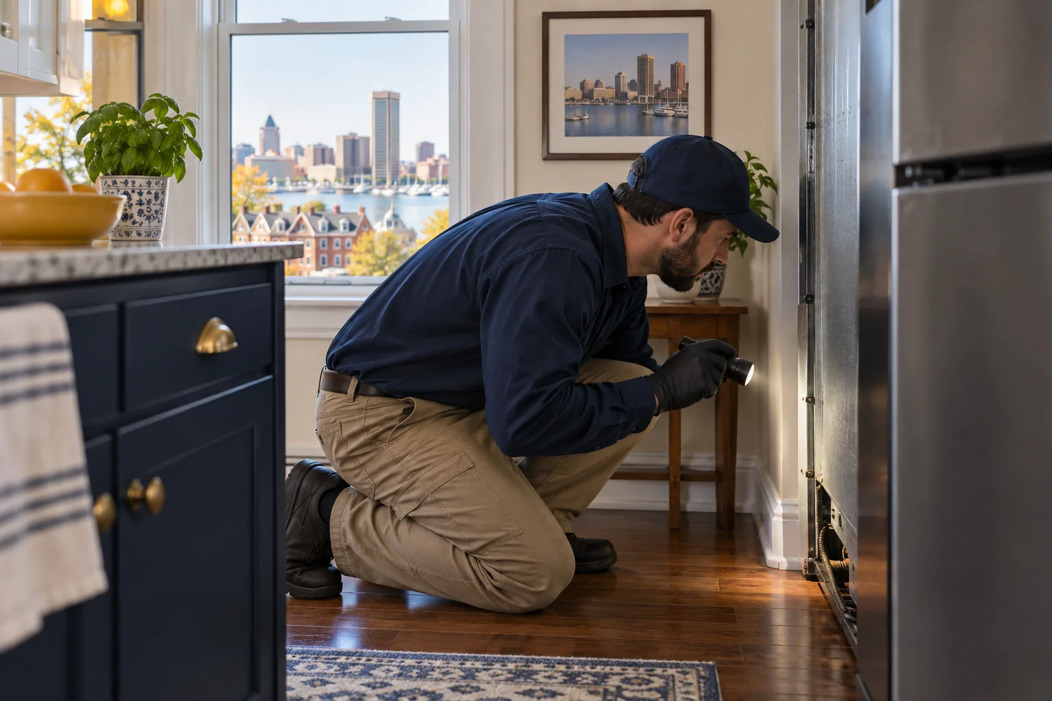 AI-generated illustration of a technician reviewing wall-side signs behind a refrigerator