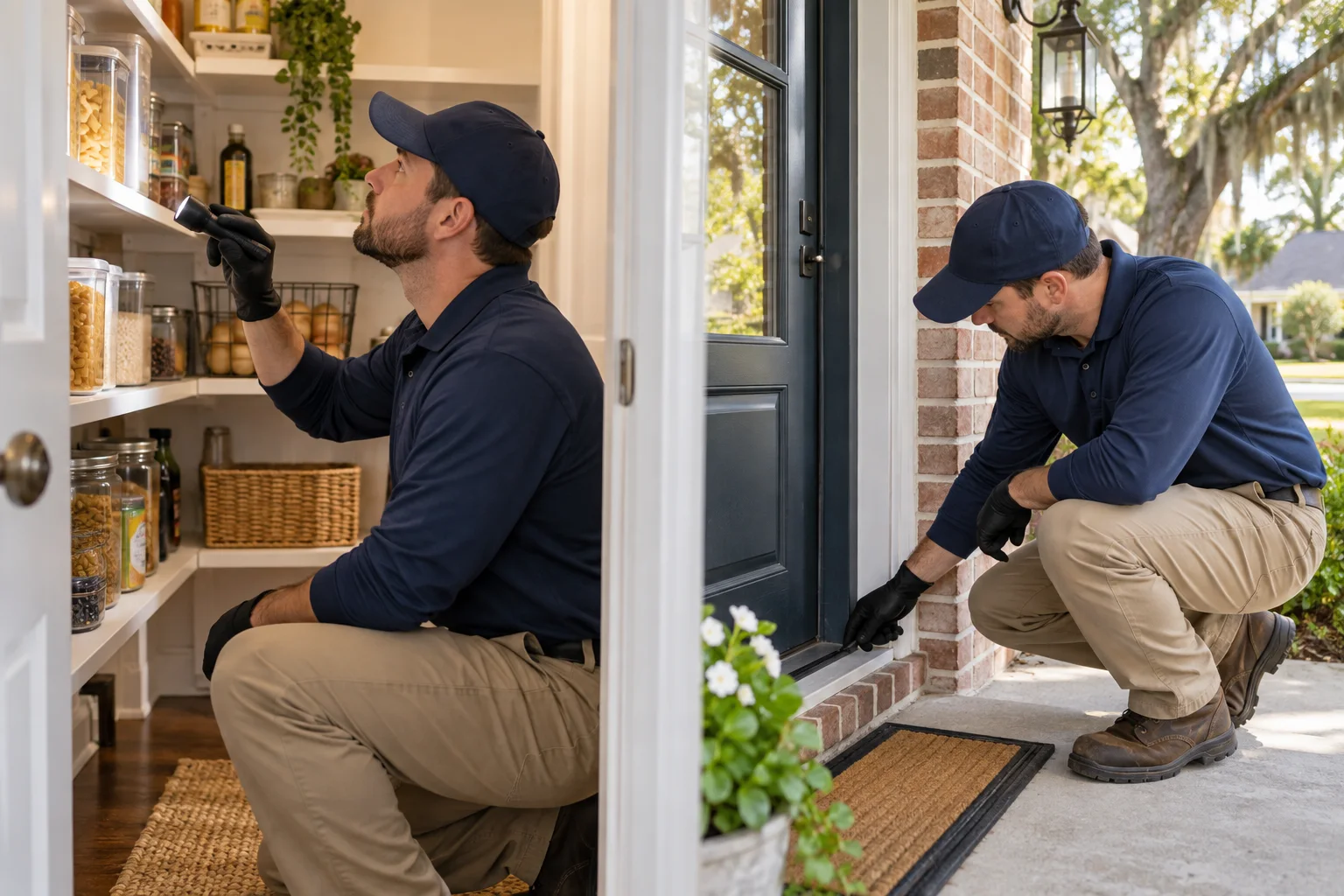 AI-generated illustration of a technician inspecting pantry storage and an adjacent exterior door gap