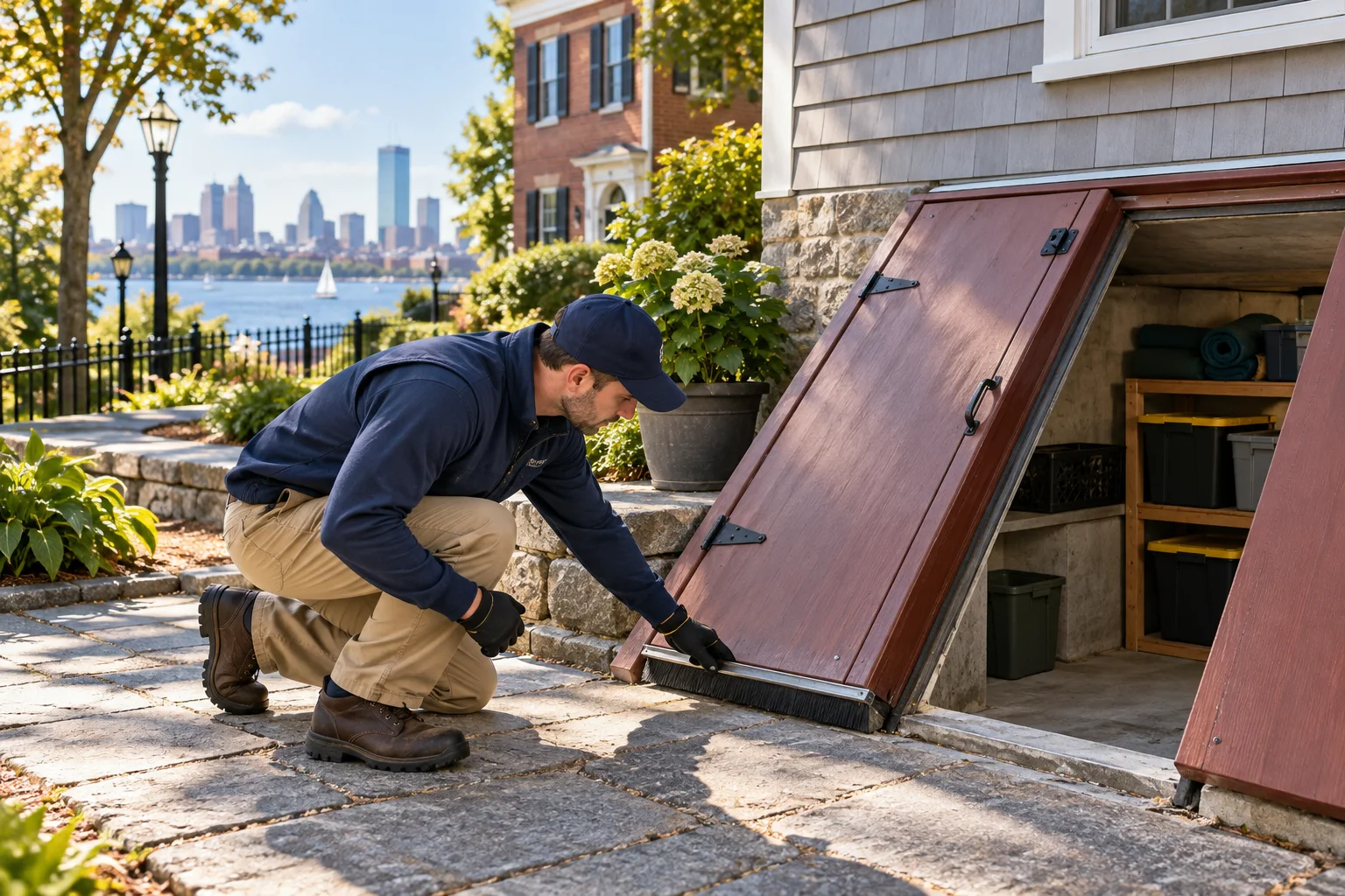 AI-generated illustration of a technician examining a cellar door sweep and organized storage