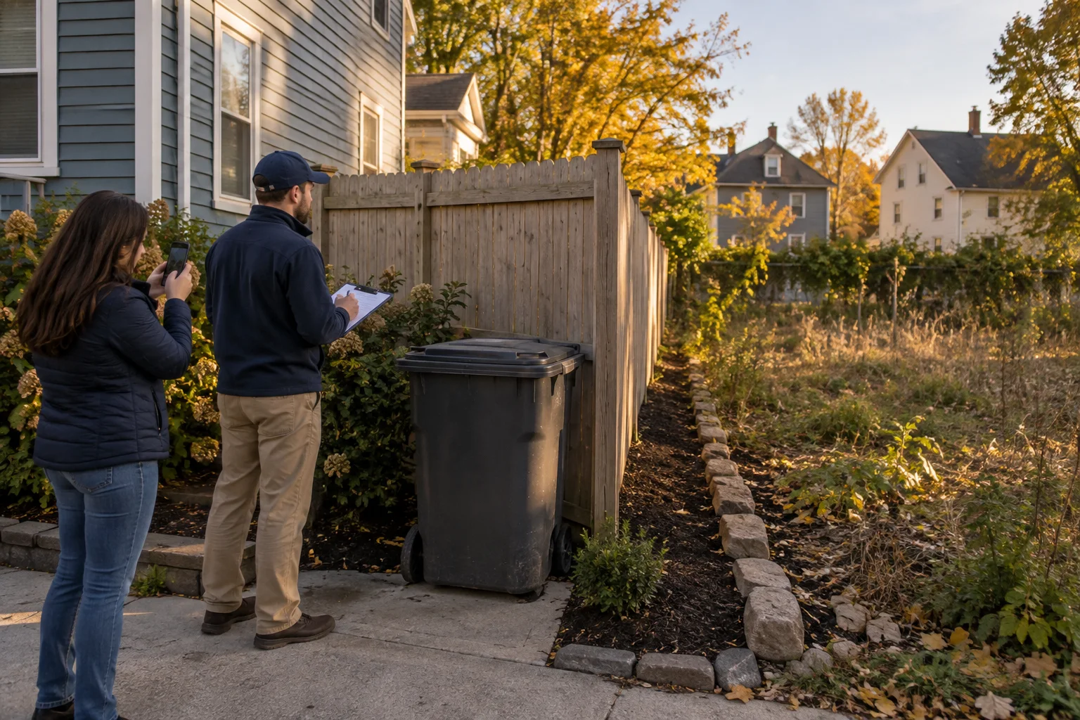 Illustration of neighbors documenting a rear fence, covered trash can, and cleanup boundary beside a vacant lot