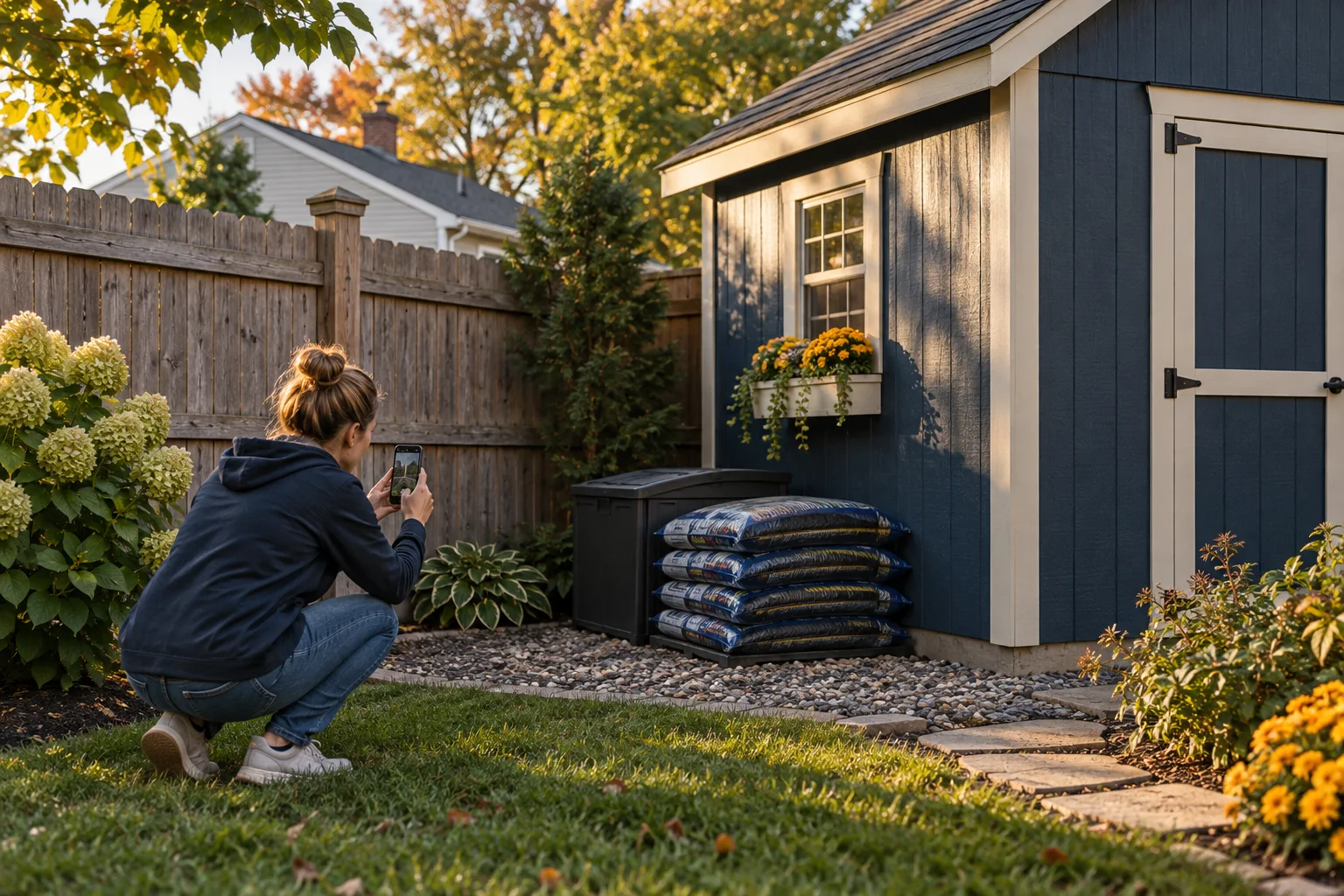 Illustration of a homeowner documenting a shed-and-fence corner beside organized storage bags