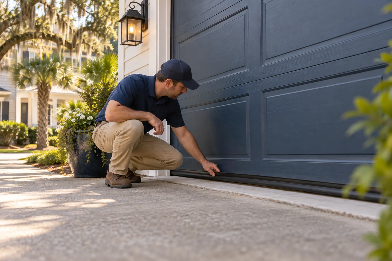 Illustration of a calm exterior inspection of a garage door weather seal