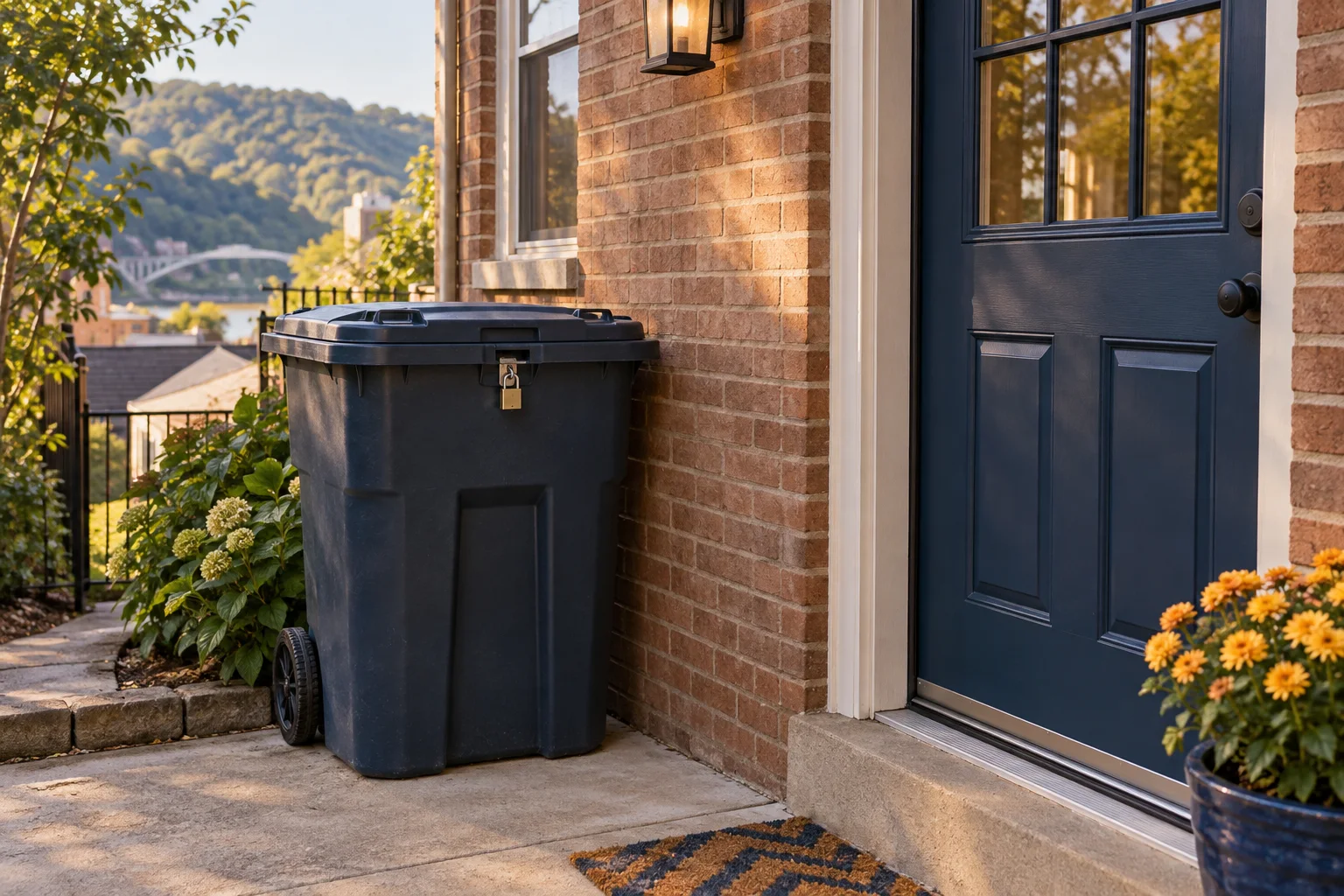 Illustration of a secured refuse bin beside a brick residential back door and an intact door sweep