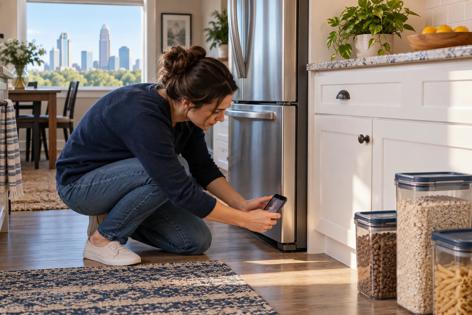 AI-generated illustration of a resident documenting a kitchen floor edge and sealed food containers beside a refrigerator