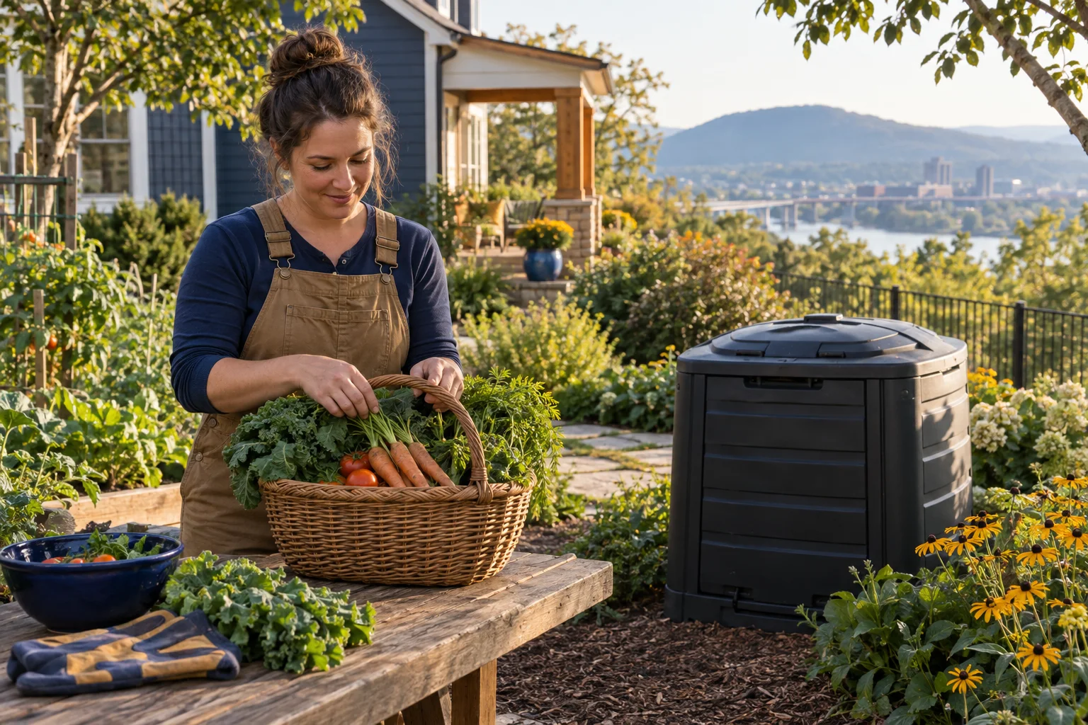 Illustration of a gardener securing harvested produce beside a closed compost container