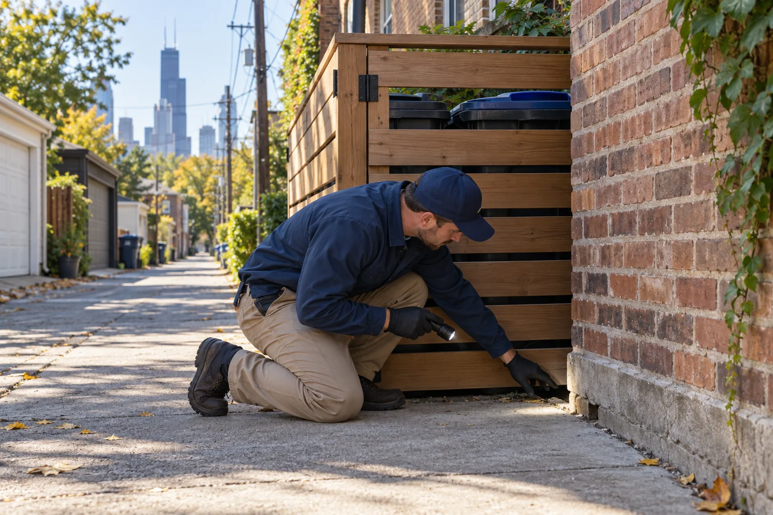AI-generated illustration of a technician inspecting an alley-facing bin enclosure and brick wall gap