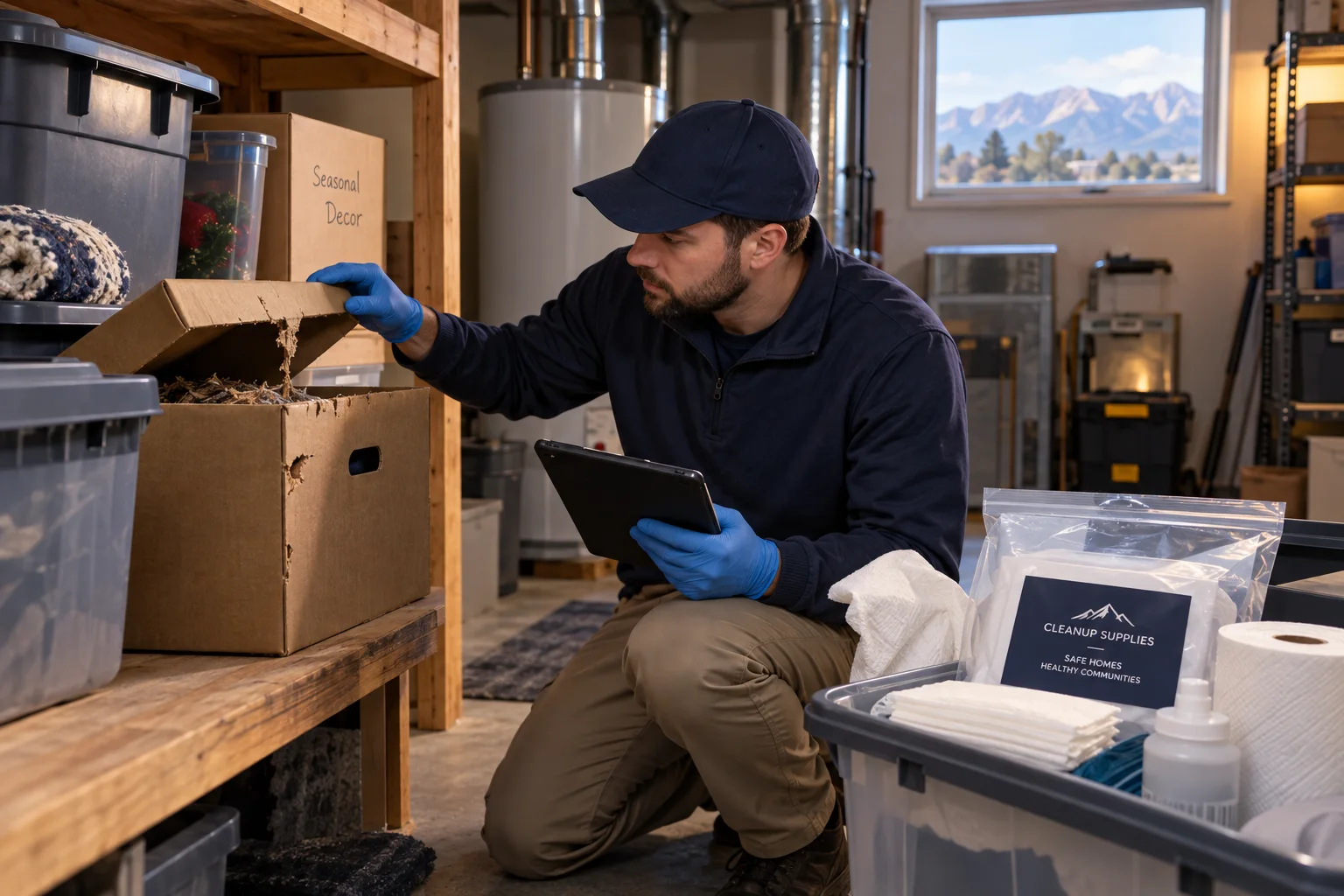 AI-generated illustration of a gloved technician assessing rodent-affected storage boxes in a utility room