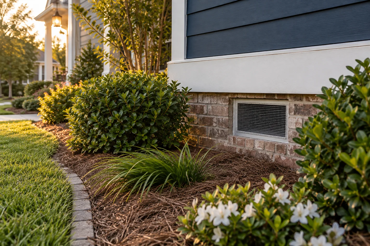 Illustration of a building foundation with mesh-protected vent and tidy landscaping