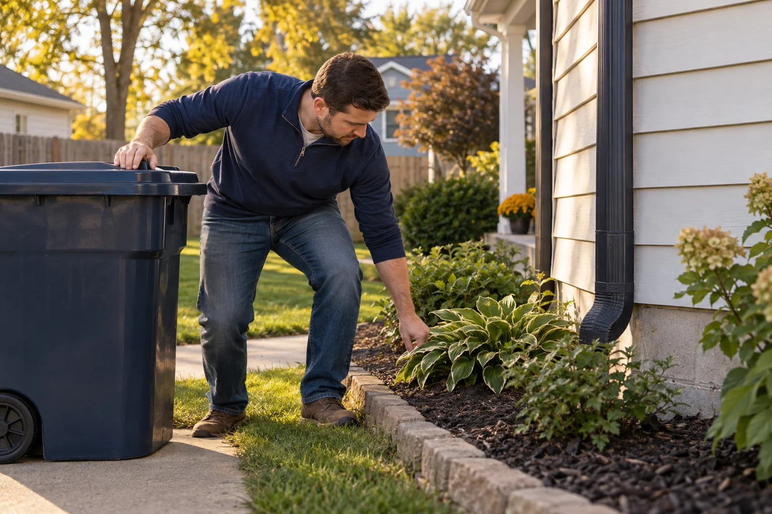 Illustration of a homeowner securing a refuse container and inspecting a pet-area ground edge