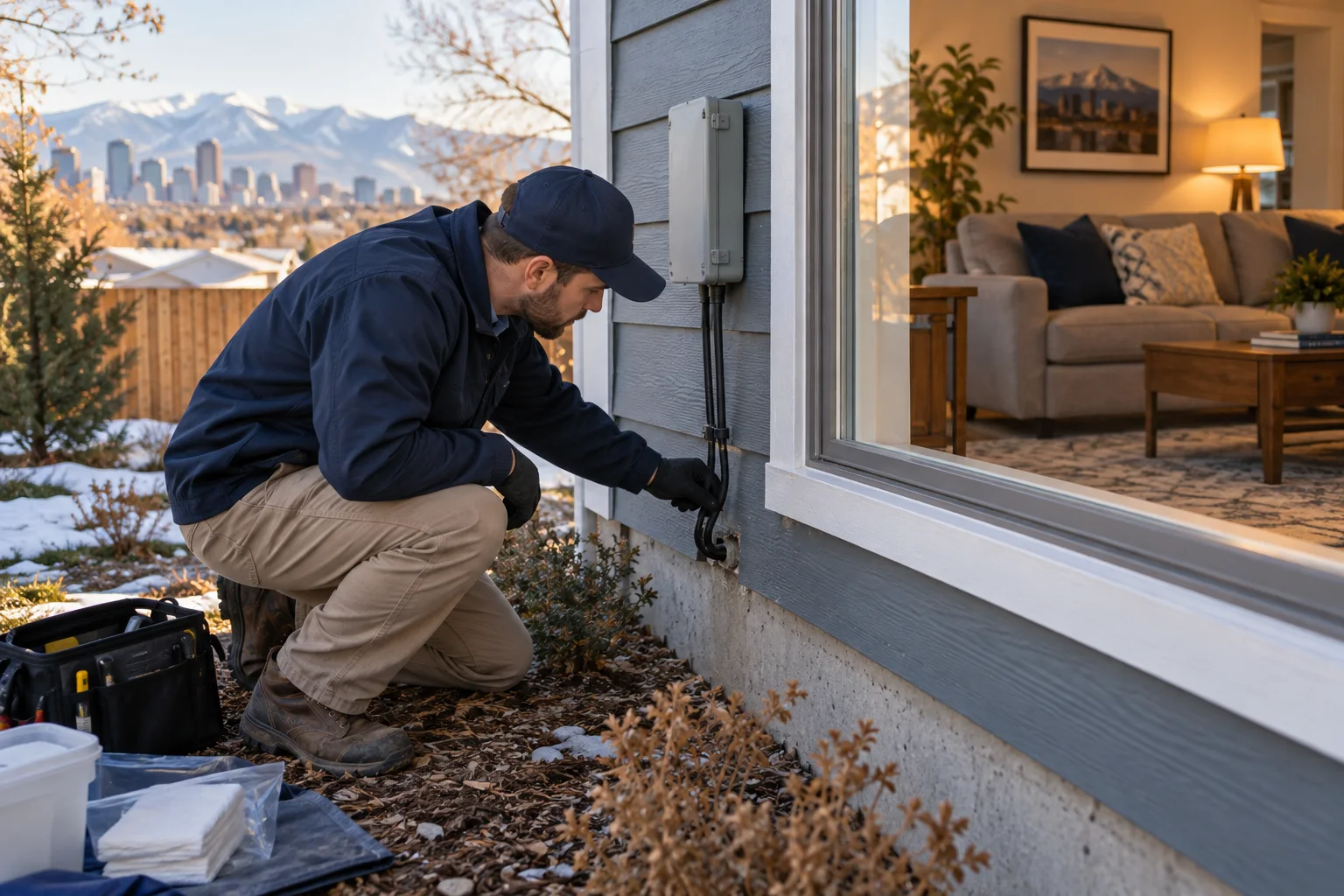AI-generated illustration of a technician examining an exterior cable entry near a living-room wall