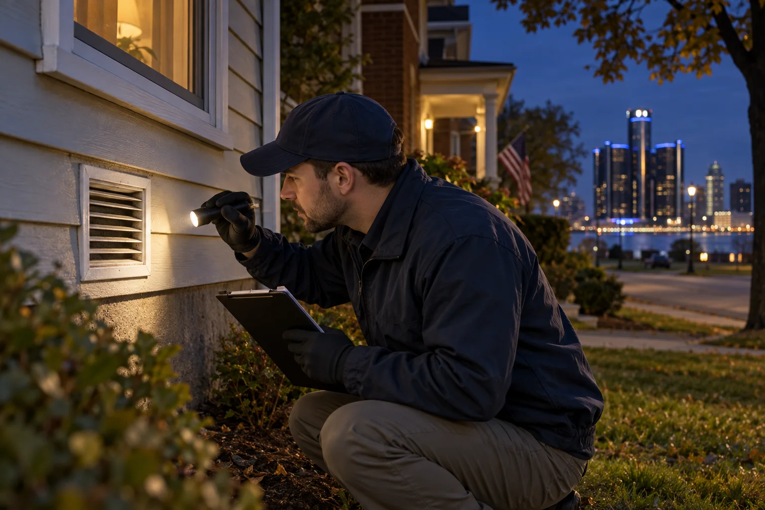 AI-generated illustration of a technician inspecting a wall vent and documenting nighttime noise