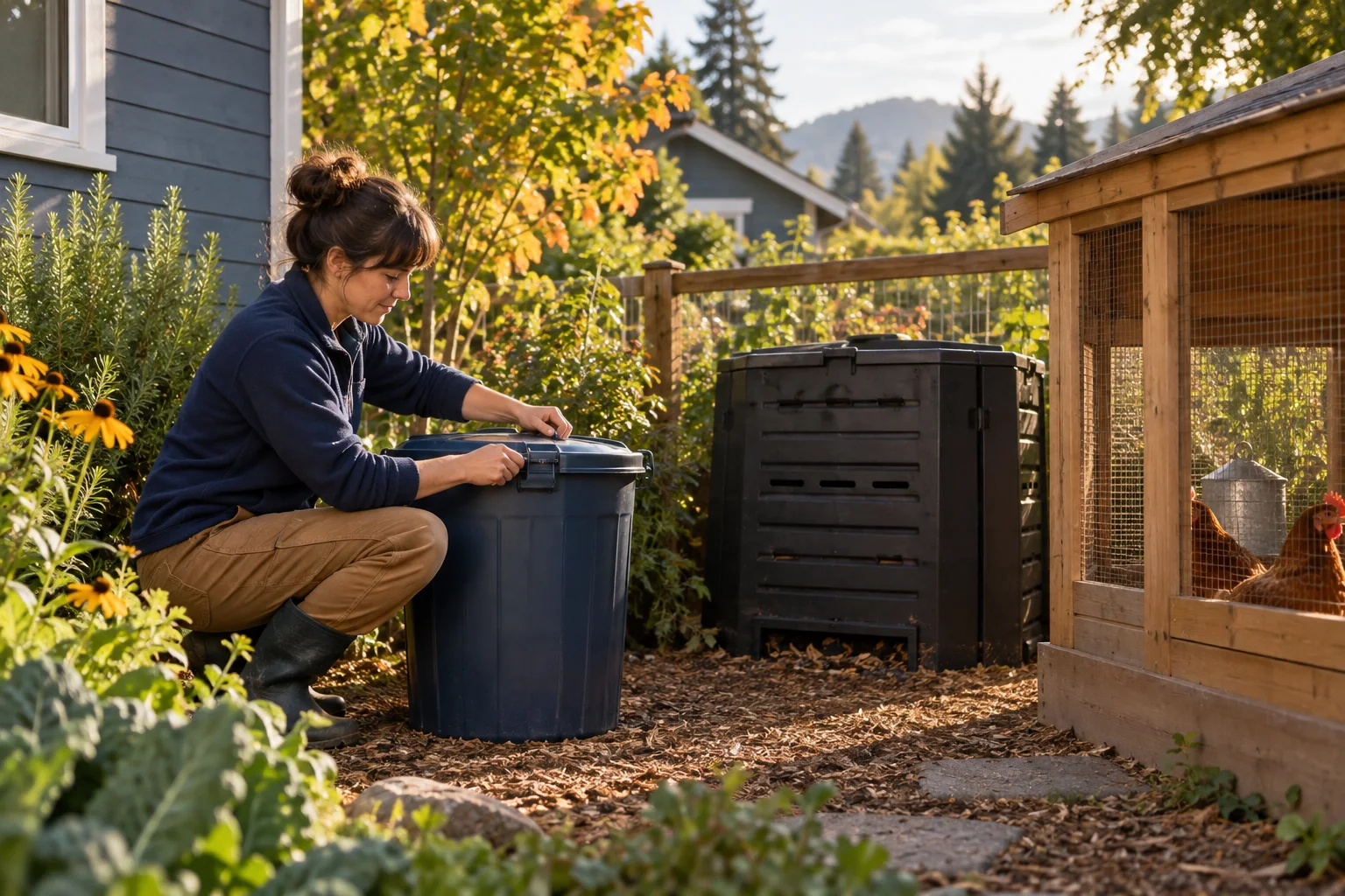 Illustration of a homeowner securing chicken feed beside a compost bin and coop corner