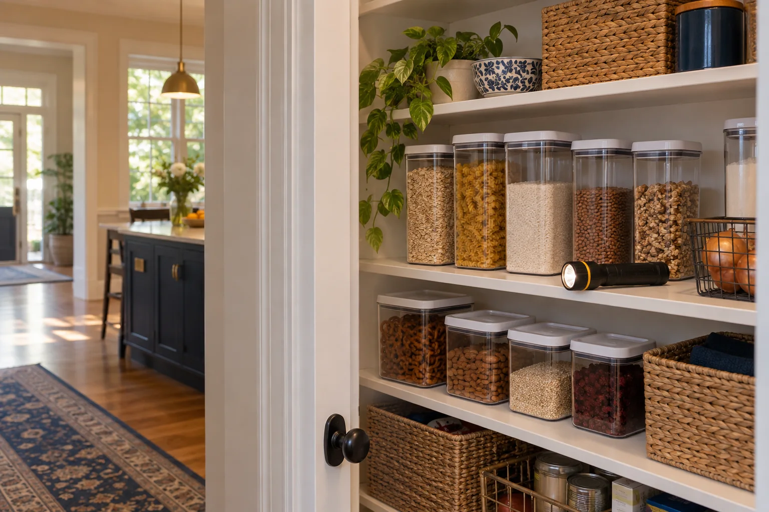 Illustration of a clean pantry with food in sealed containers and a flashlight on the shelf