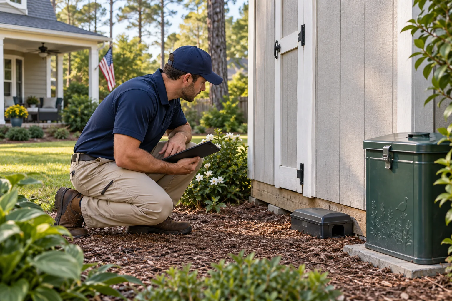 AI-generated illustration of a technician reviewing a shed wall, secured seed container, and protected monitoring device