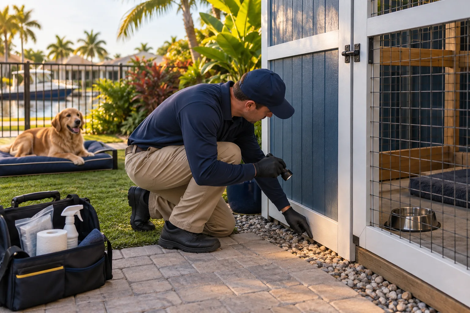 AI-generated illustration of a technician inspecting a secured dog-run shed corner away from a pet