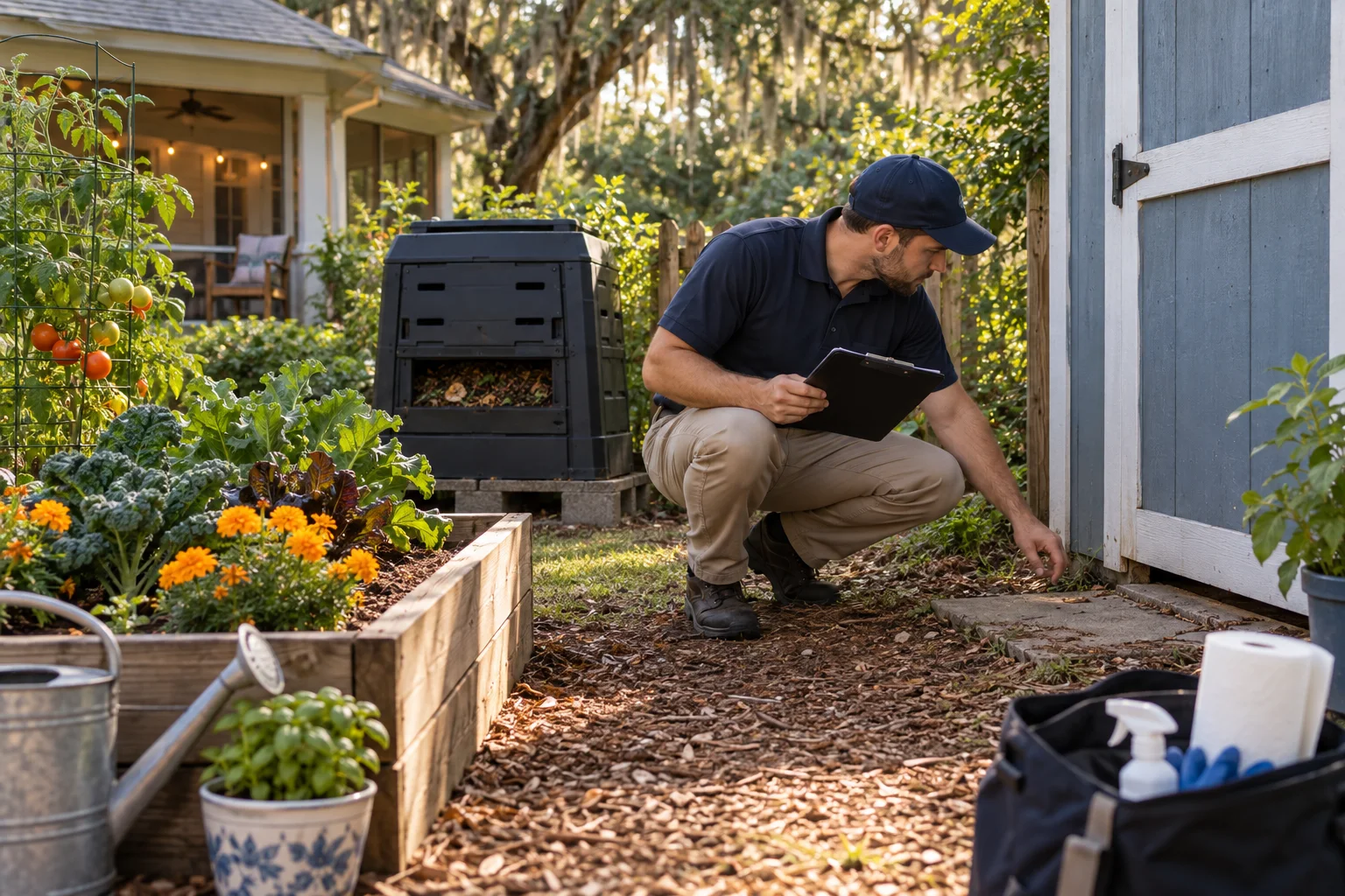 AI-generated illustration of a technician reviewing a vegetable garden, compost container, and shed door gap
