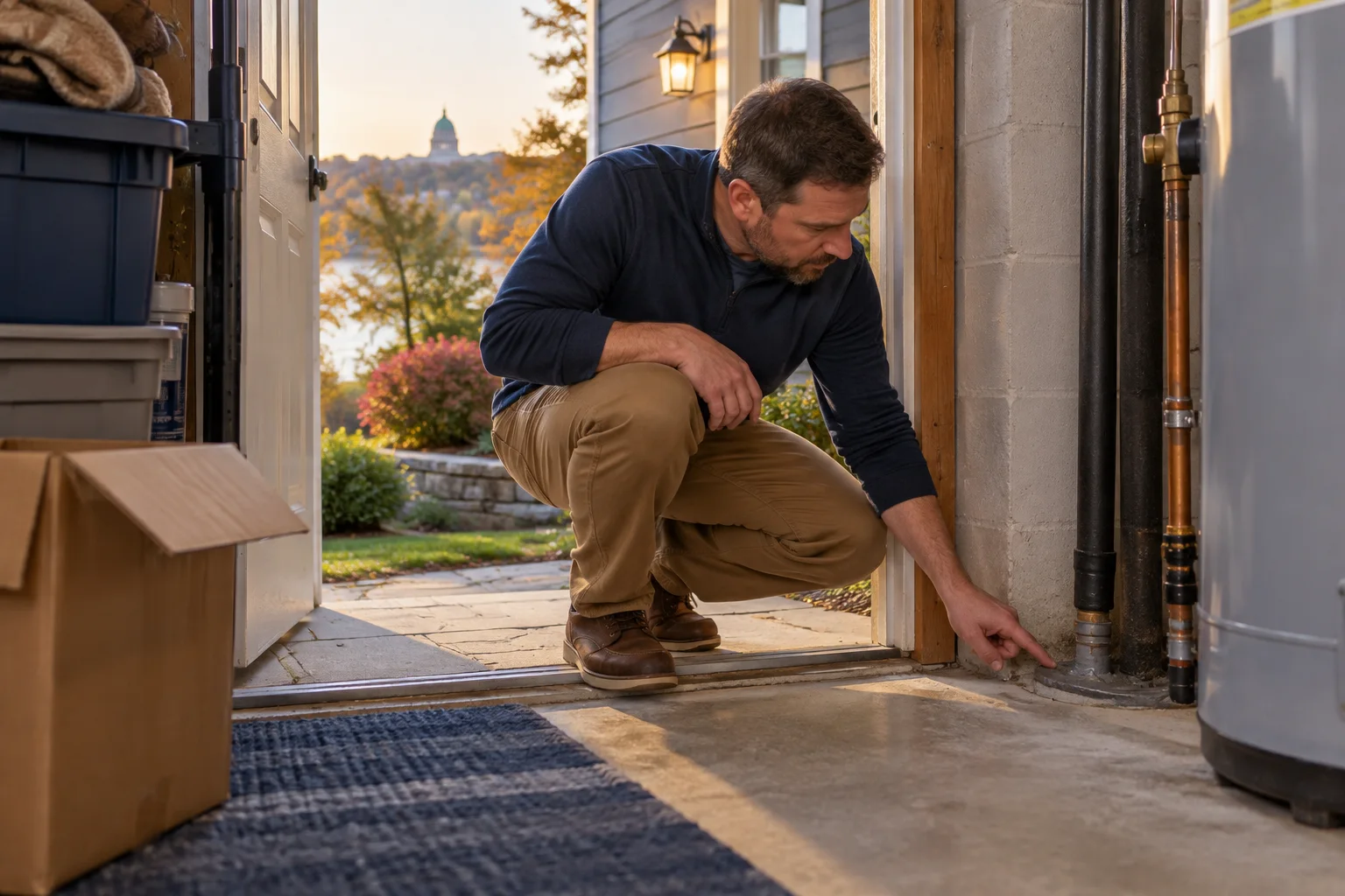 Illustration of a homeowner inspecting a utility-room threshold and pipe penetration beside cleared cardboard