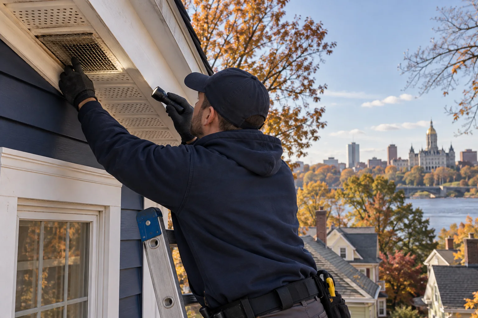 AI-generated illustration of a technician examining an attic eave and a screened vent from a ladder
