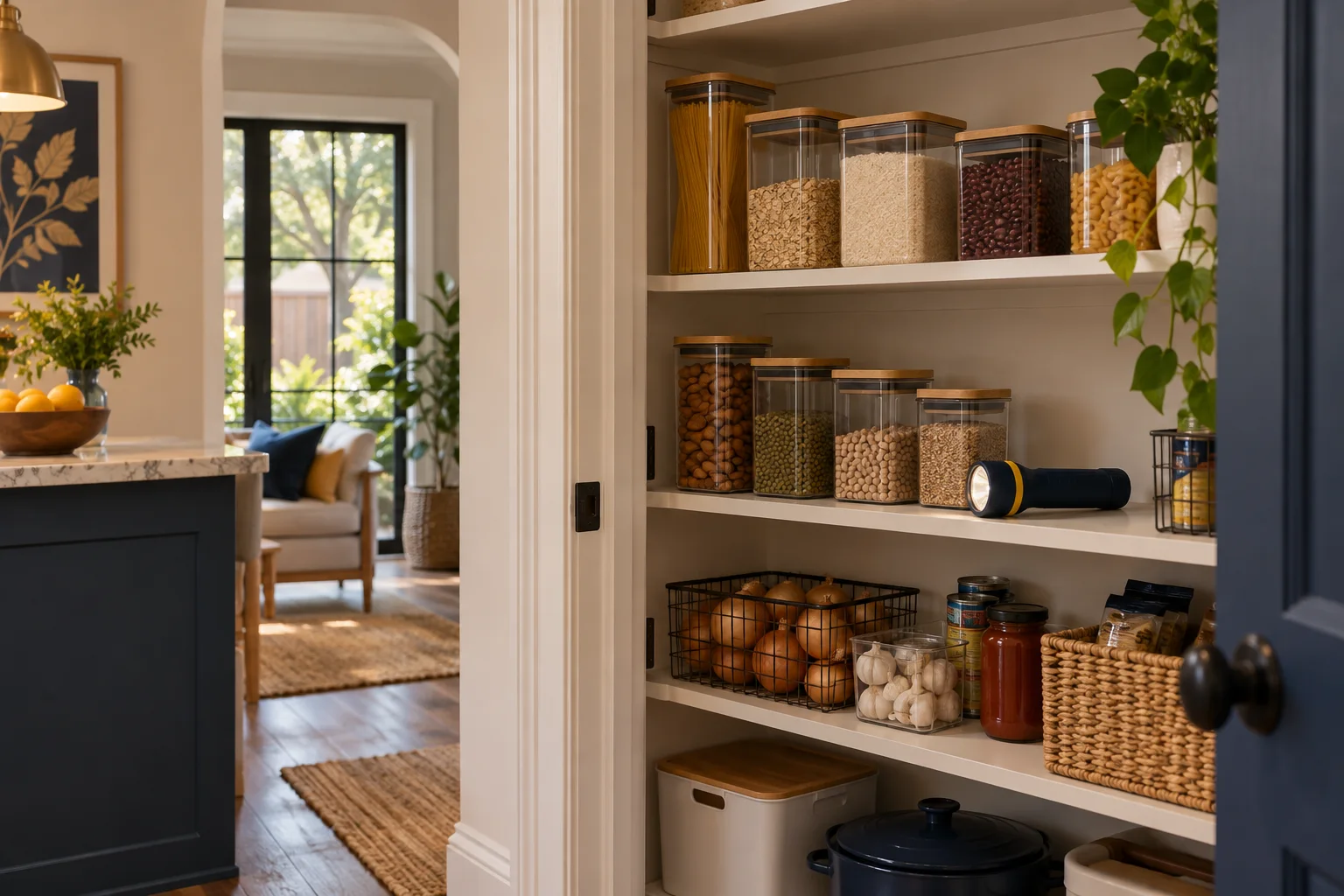 Illustration of a clean pantry with food in sealed containers and a flashlight on the shelf