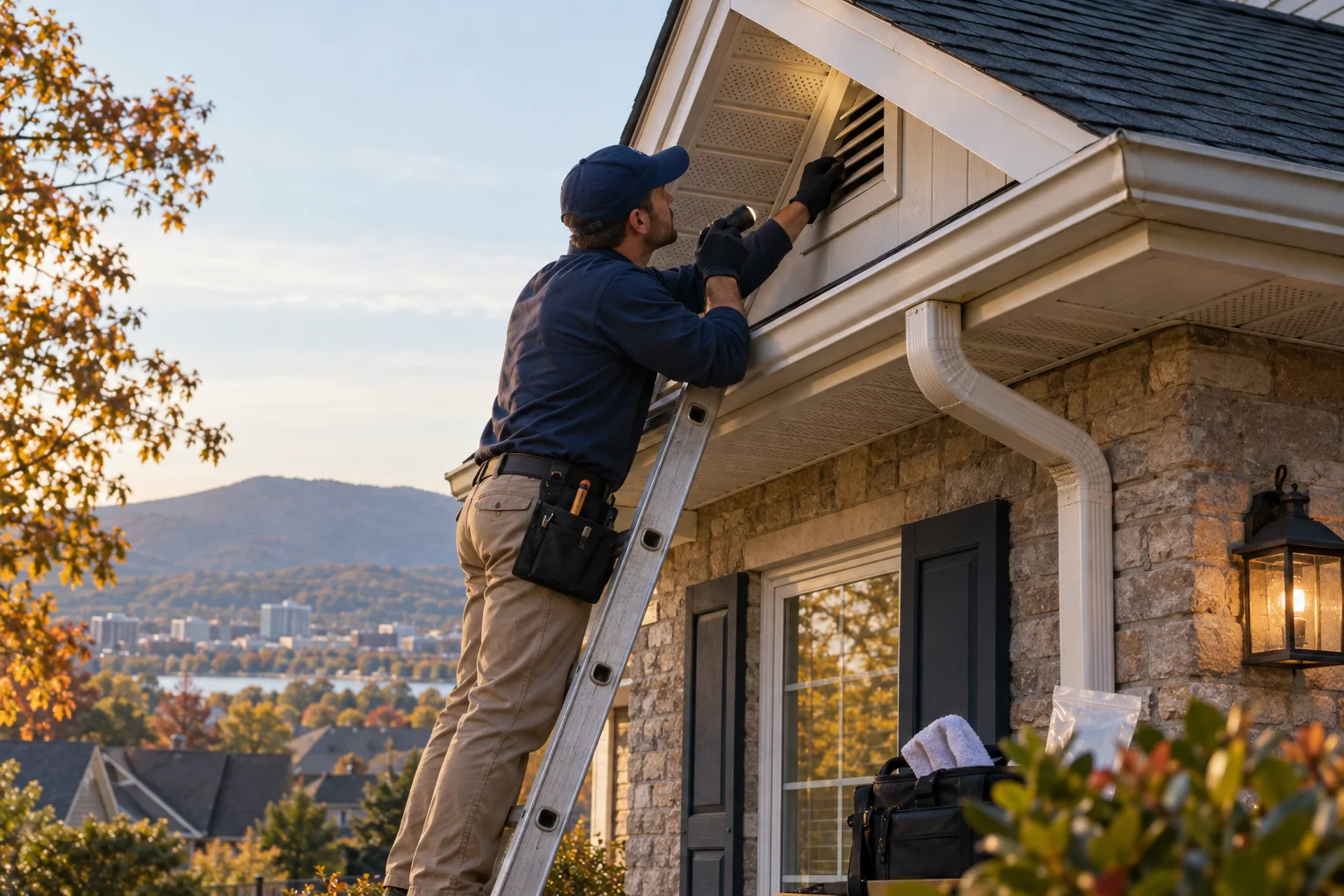 AI-generated illustration of a technician examining an attic vent and soffit from a ladder