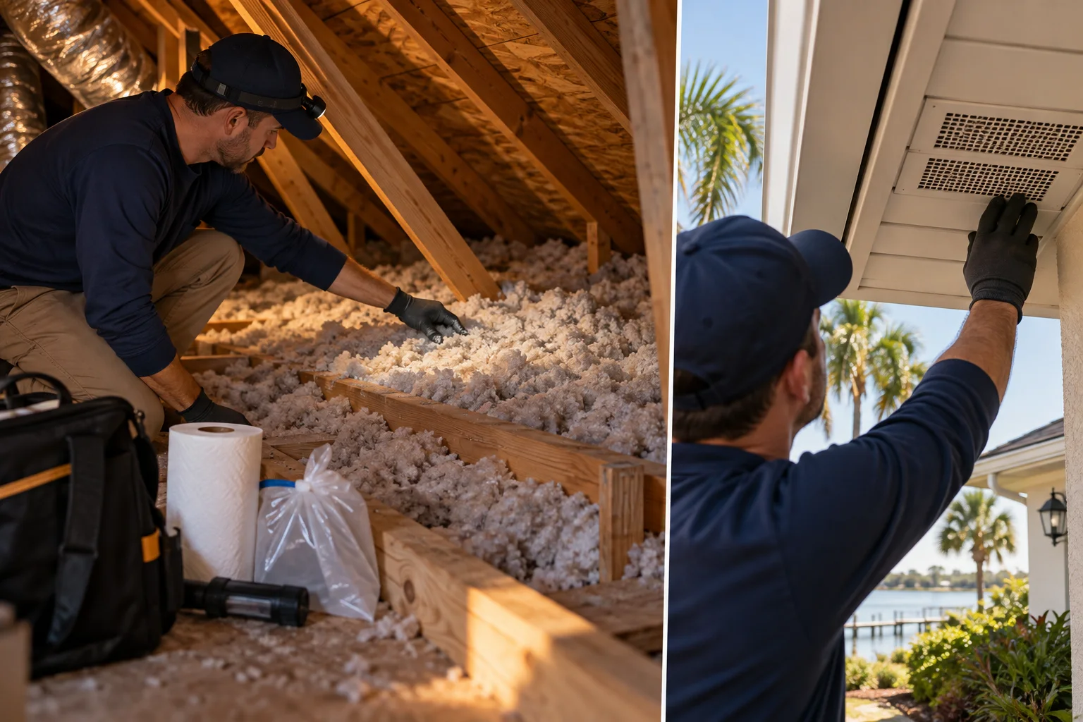 AI-generated illustration of a technician assessing attic insulation and an exterior soffit vent