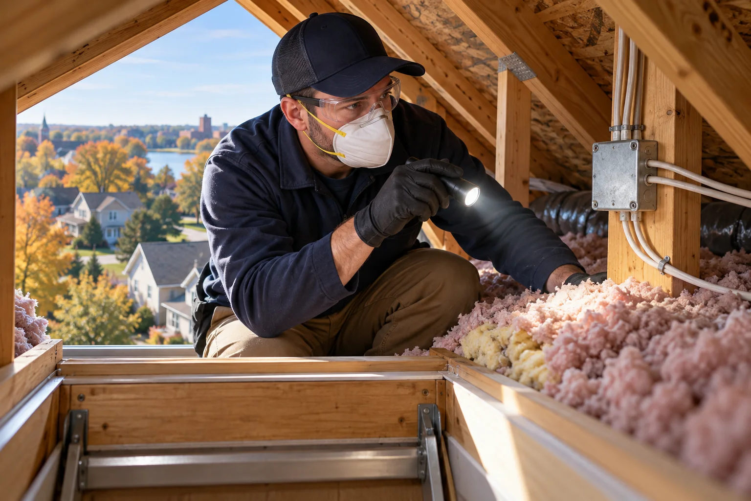 AI-generated illustration of a technician safely assessing attic insulation near a junction box