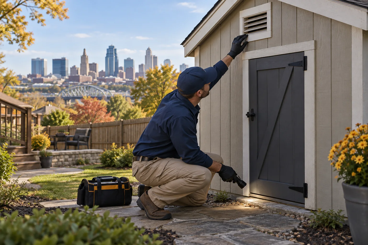 AI-generated illustration of a technician inspecting a shed vent and door threshold before exclusion work