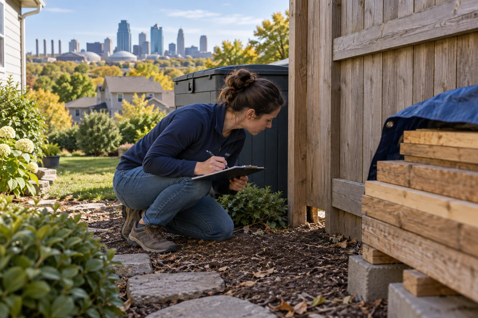 AI-generated illustration of a homeowner mapping a fence-line opening beside stored lumber and a secured bin