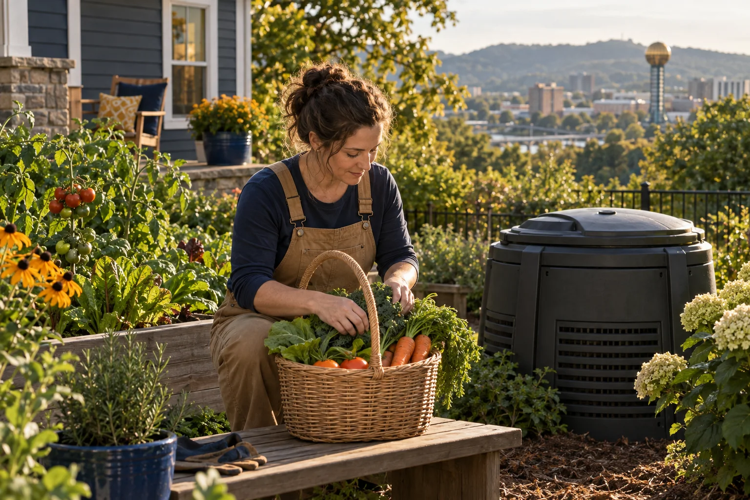 Illustration of a gardener securing harvested produce beside a closed compost container