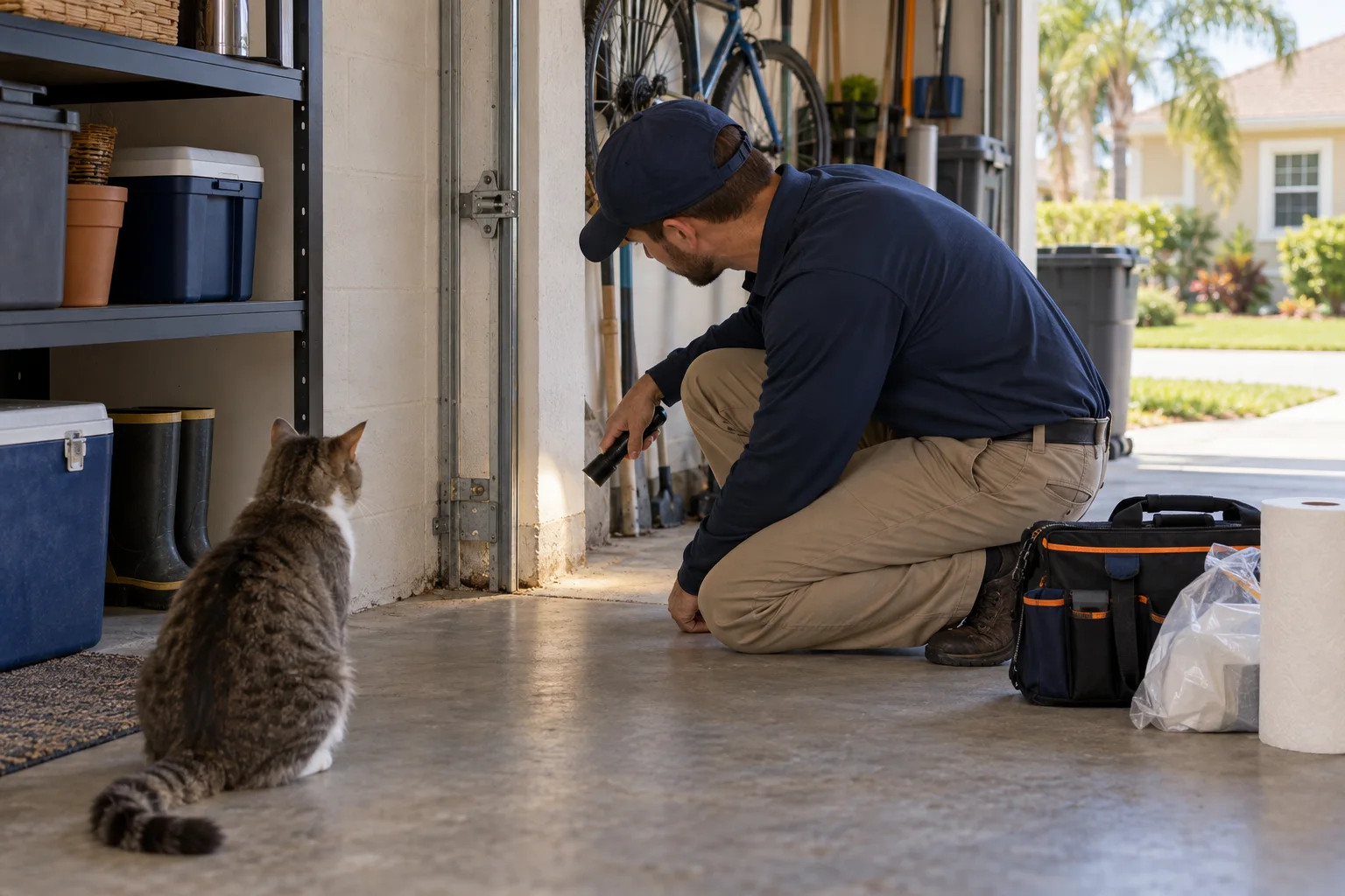 AI-generated illustration of a technician inspecting a garage corner while a house cat watches from a safe distance