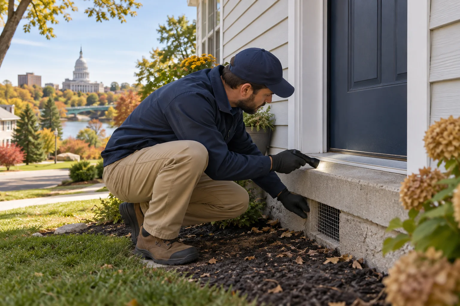 AI-generated illustration of a technician inspecting a foundation opening and lower door threshold