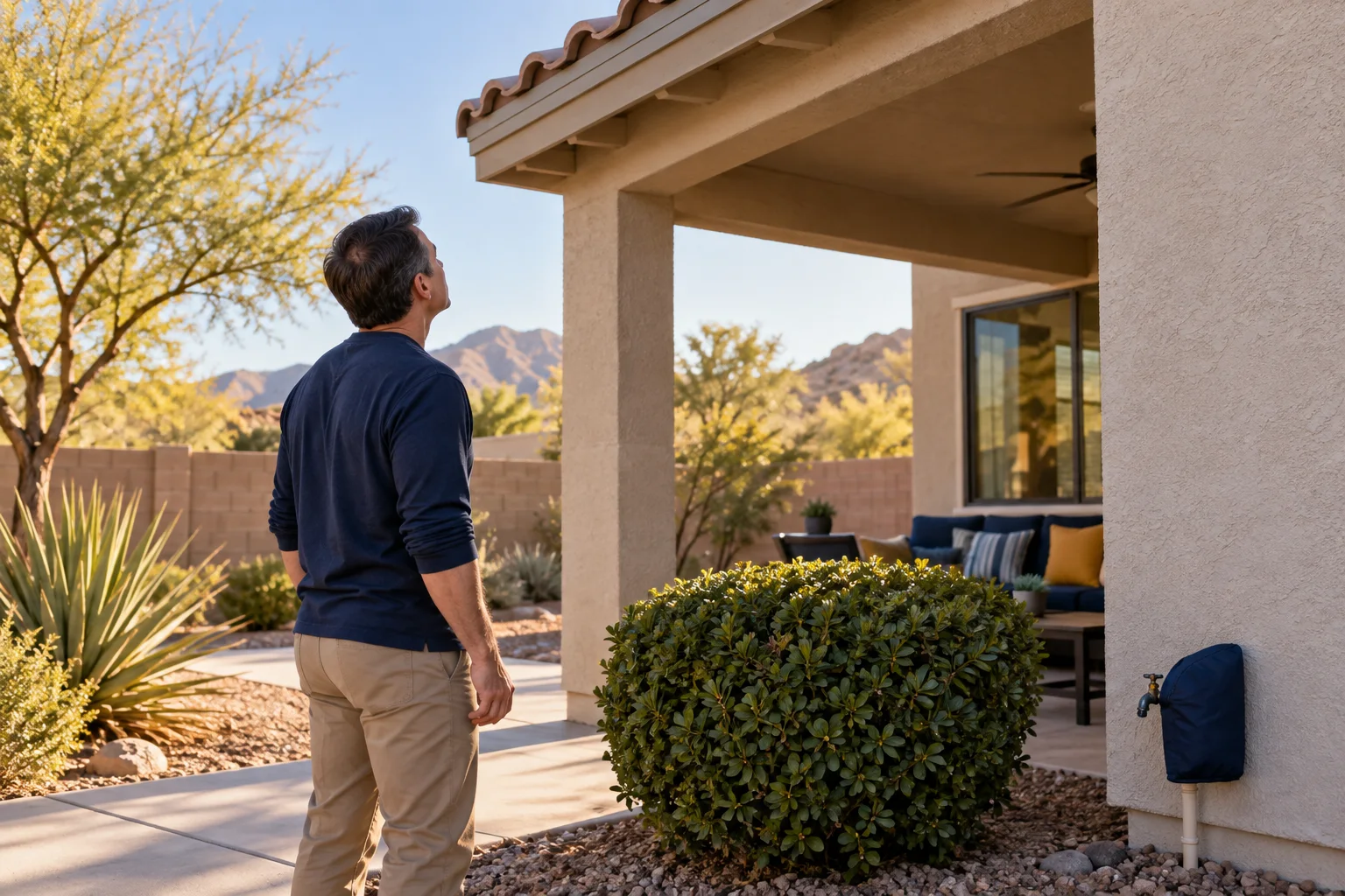 Illustration of a homeowner inspecting a patio roof edge, trimmed shrub, and covered outdoor water source