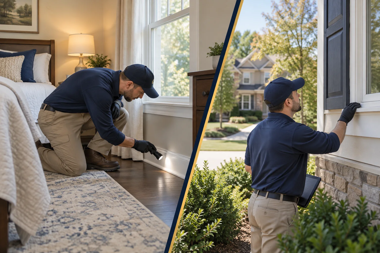 AI-generated illustration of a technician inspecting a bedroom baseboard and exterior window area