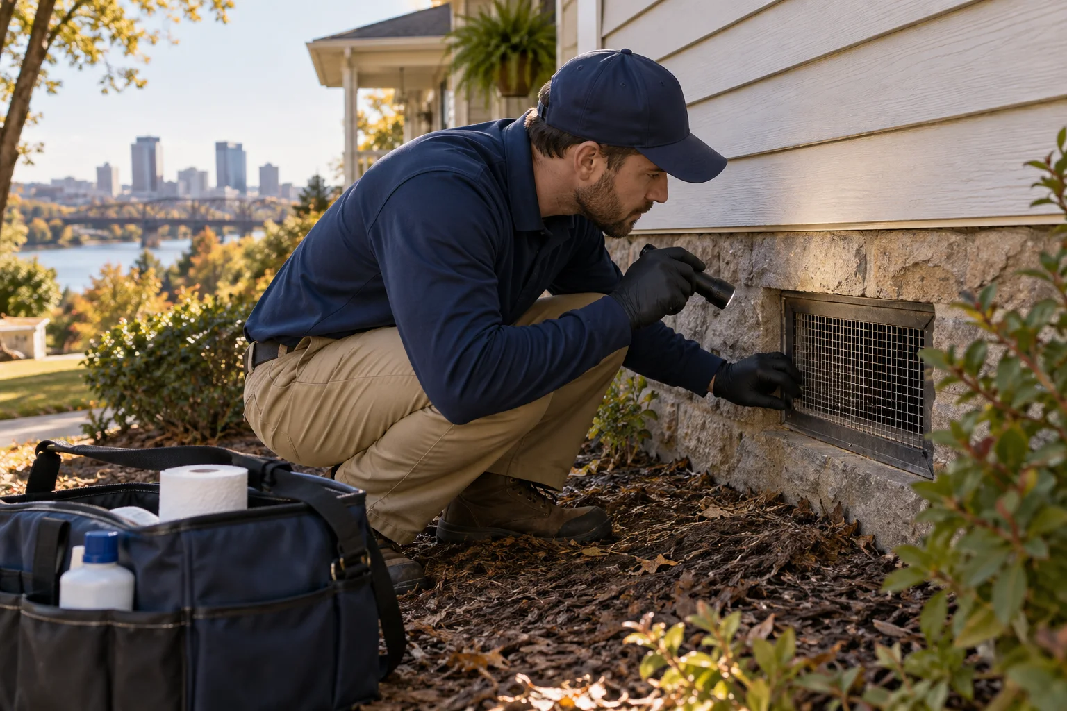 AI-generated illustration of a technician examining a screened crawl-space vent beside a foundation