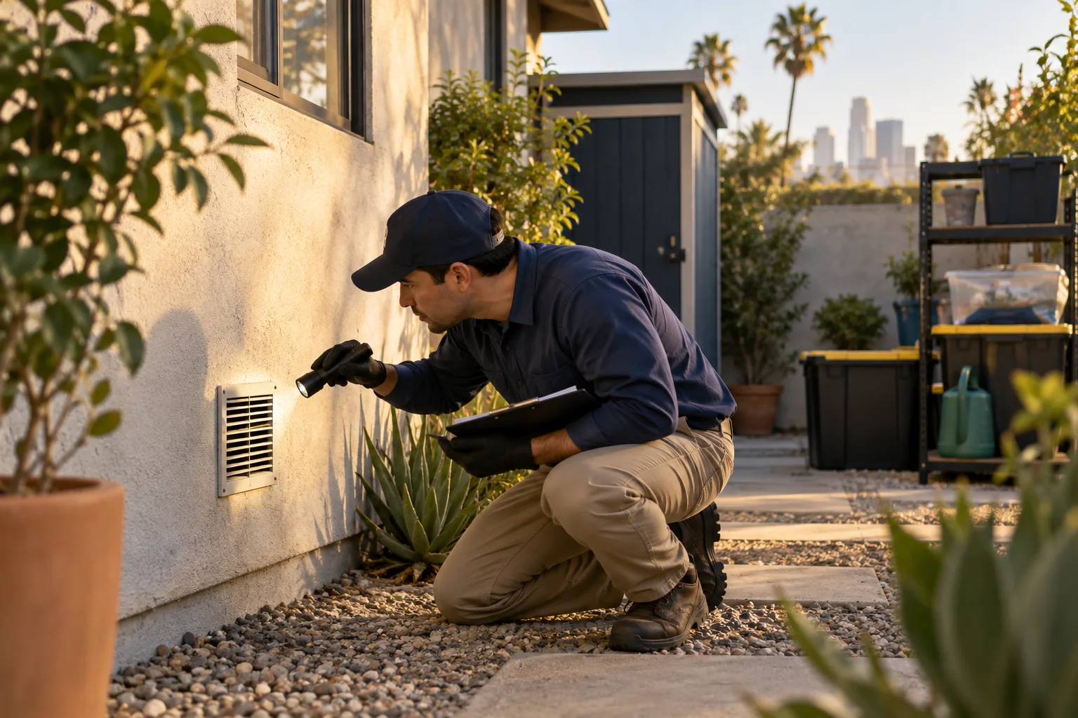 AI-generated illustration of a technician inspecting an exterior wall vent near a storage area