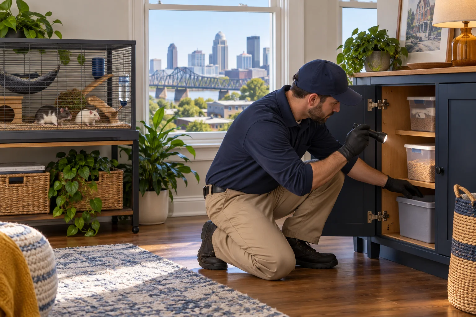 AI-generated illustration of a technician inspecting a storage cabinet away from a secure pet-rat enclosure