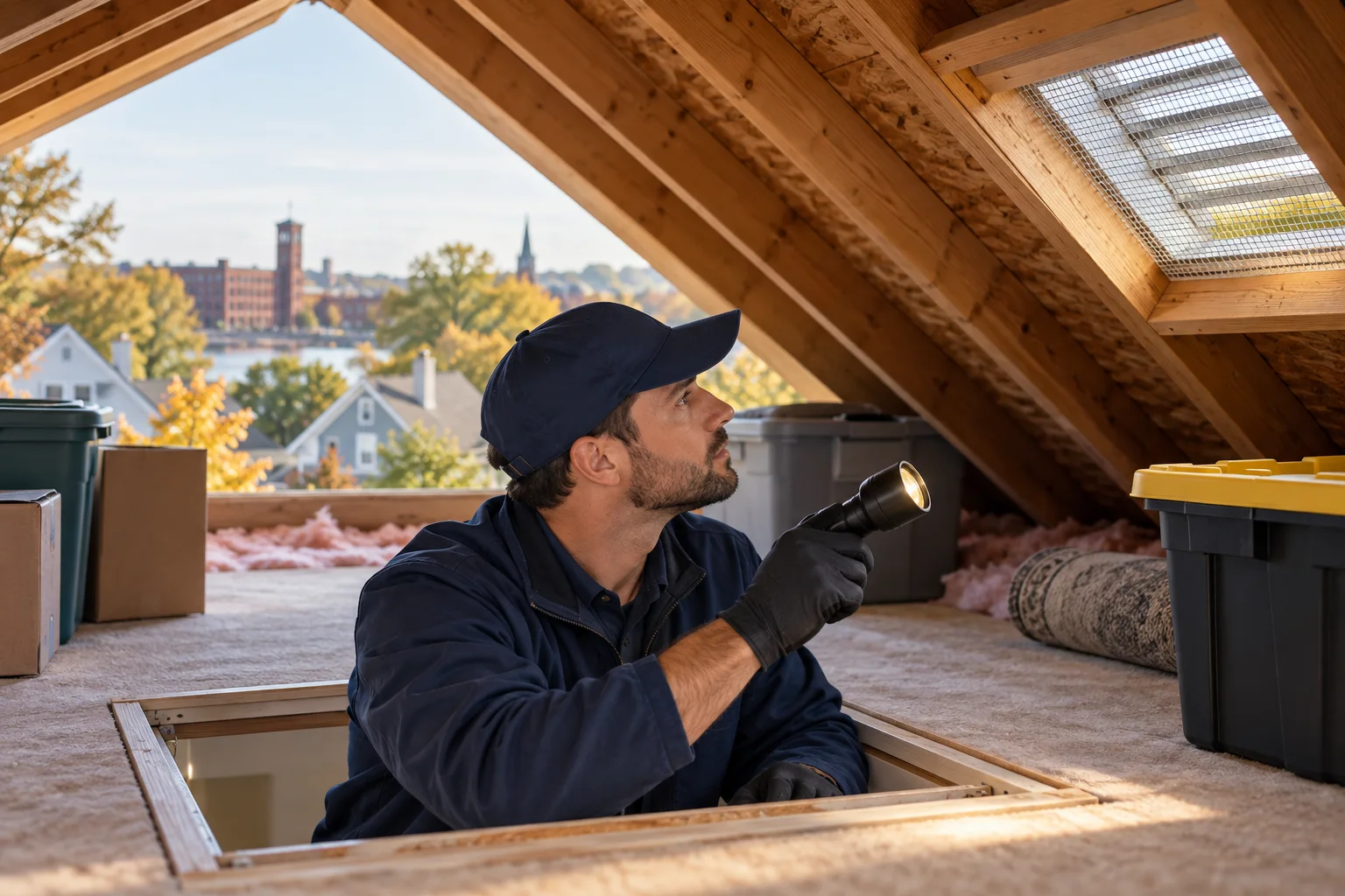 AI-generated illustration of a technician safely viewing attic storage and a screened vent
