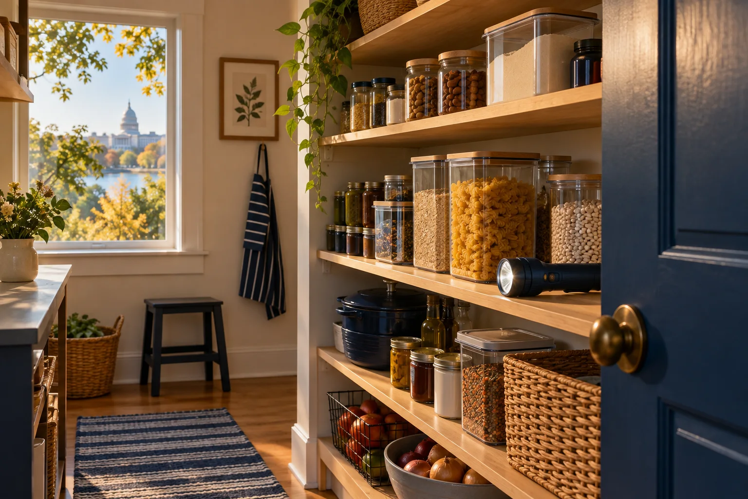 Illustration of a clean pantry with food in sealed containers and a flashlight on the shelf