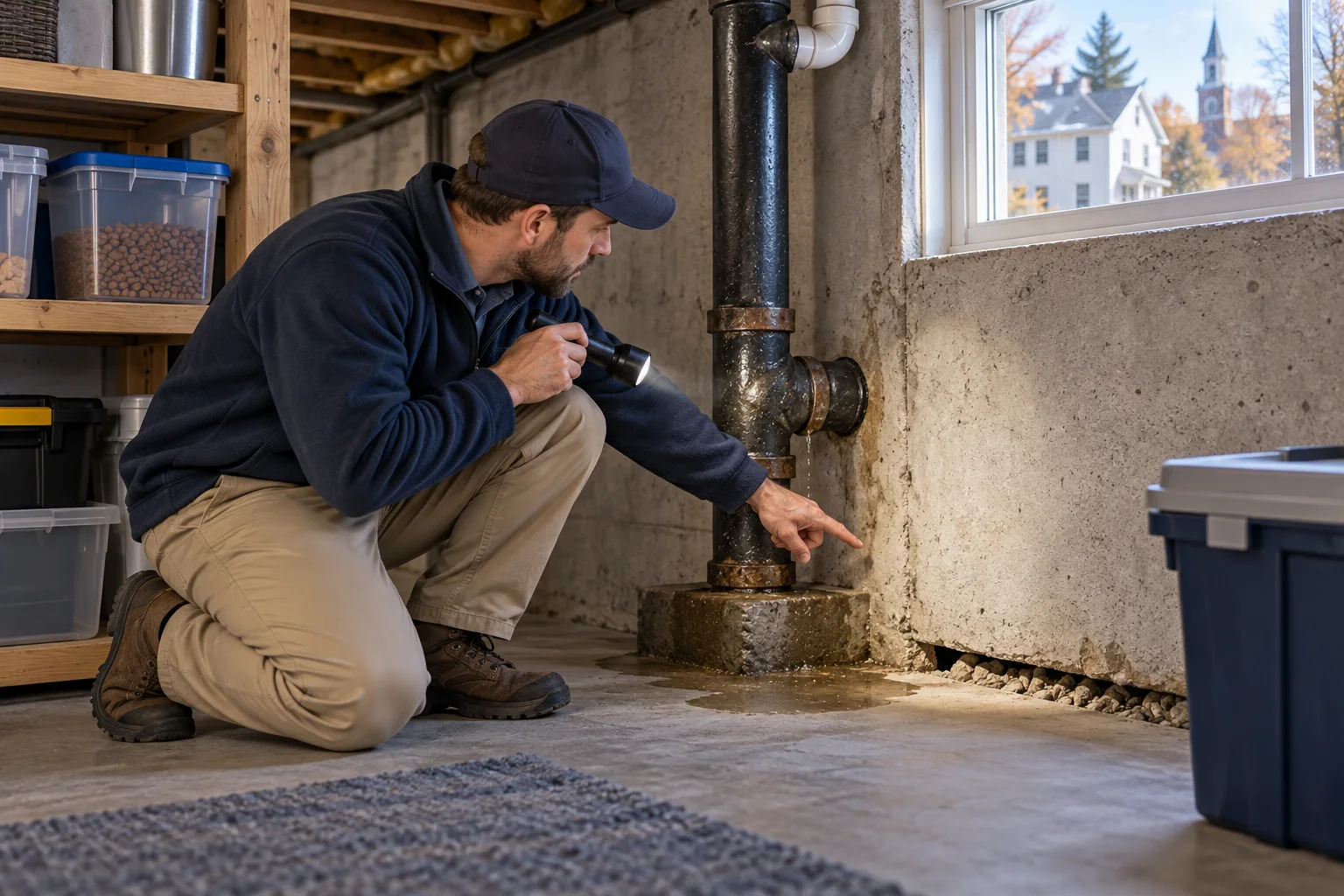 AI-generated illustration of a homeowner inspecting a basement pipe leak, sealed food container, and foundation gap
