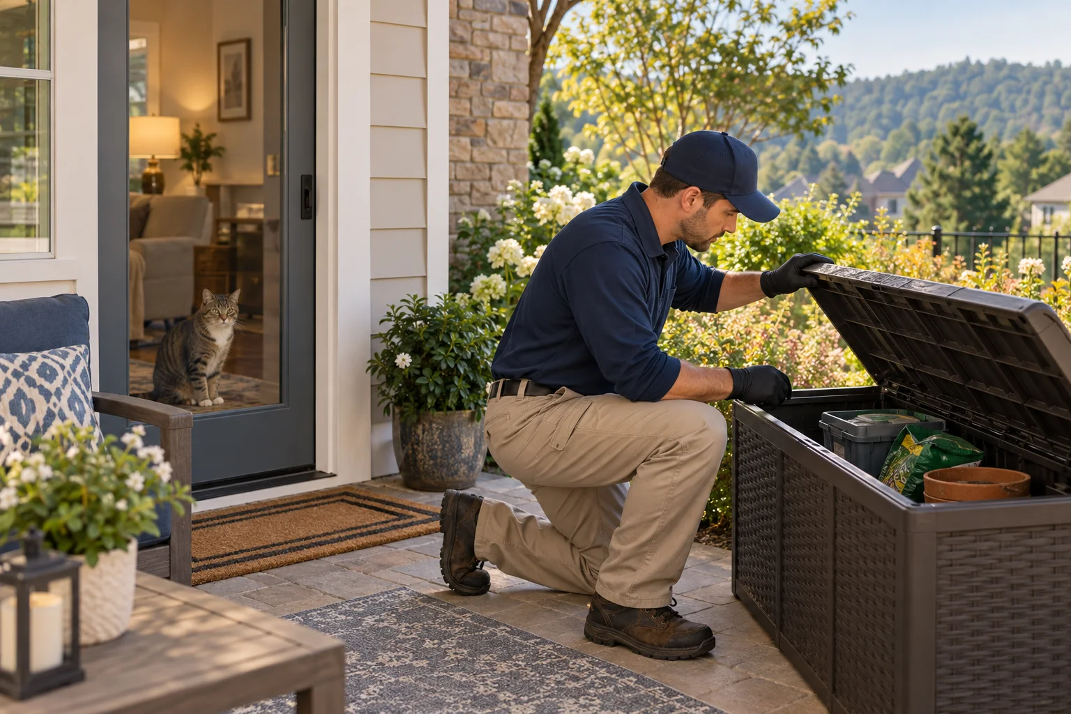 AI-generated illustration of a technician inspecting patio storage while a cat remains safely indoors