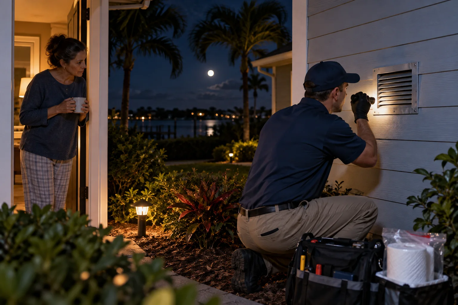 AI-generated illustration of a homeowner noting a nighttime sound while a technician examines a wall vent