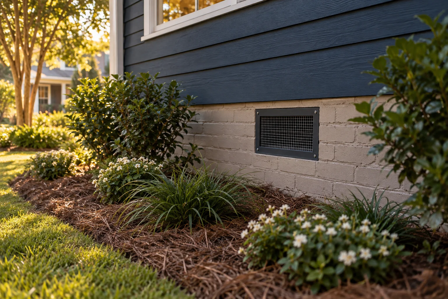 Illustration of a building foundation with mesh-protected vent and tidy landscaping