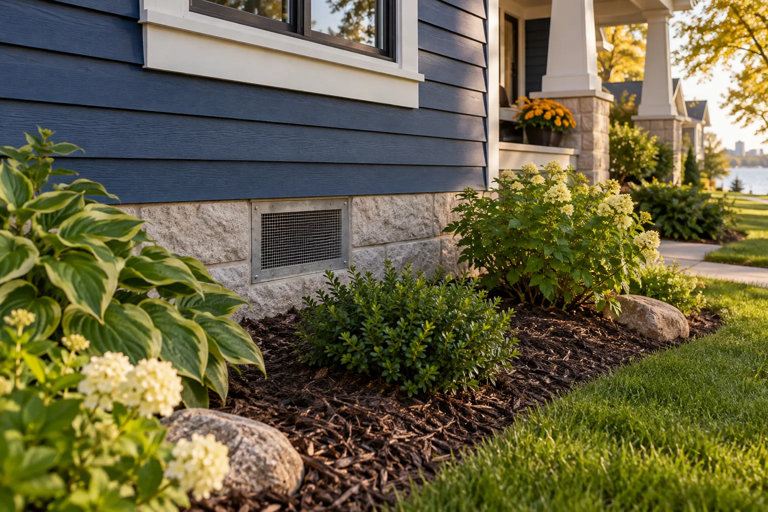 Illustration of a building foundation with mesh-protected vent and tidy landscaping